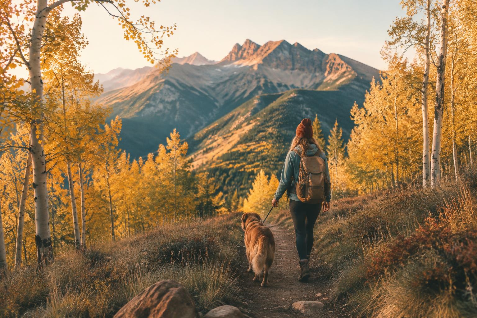 Person walking a dog on a Colorado aspen trail