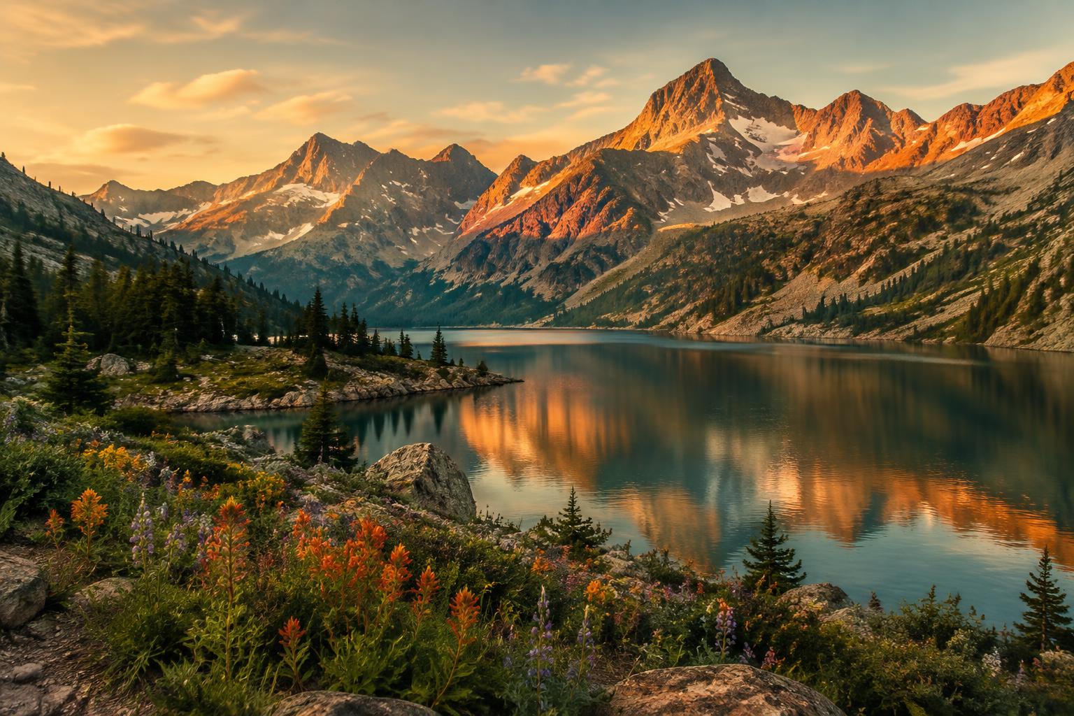 Colorado Rocky Mountain peaks with an alpine lake at golden hour
